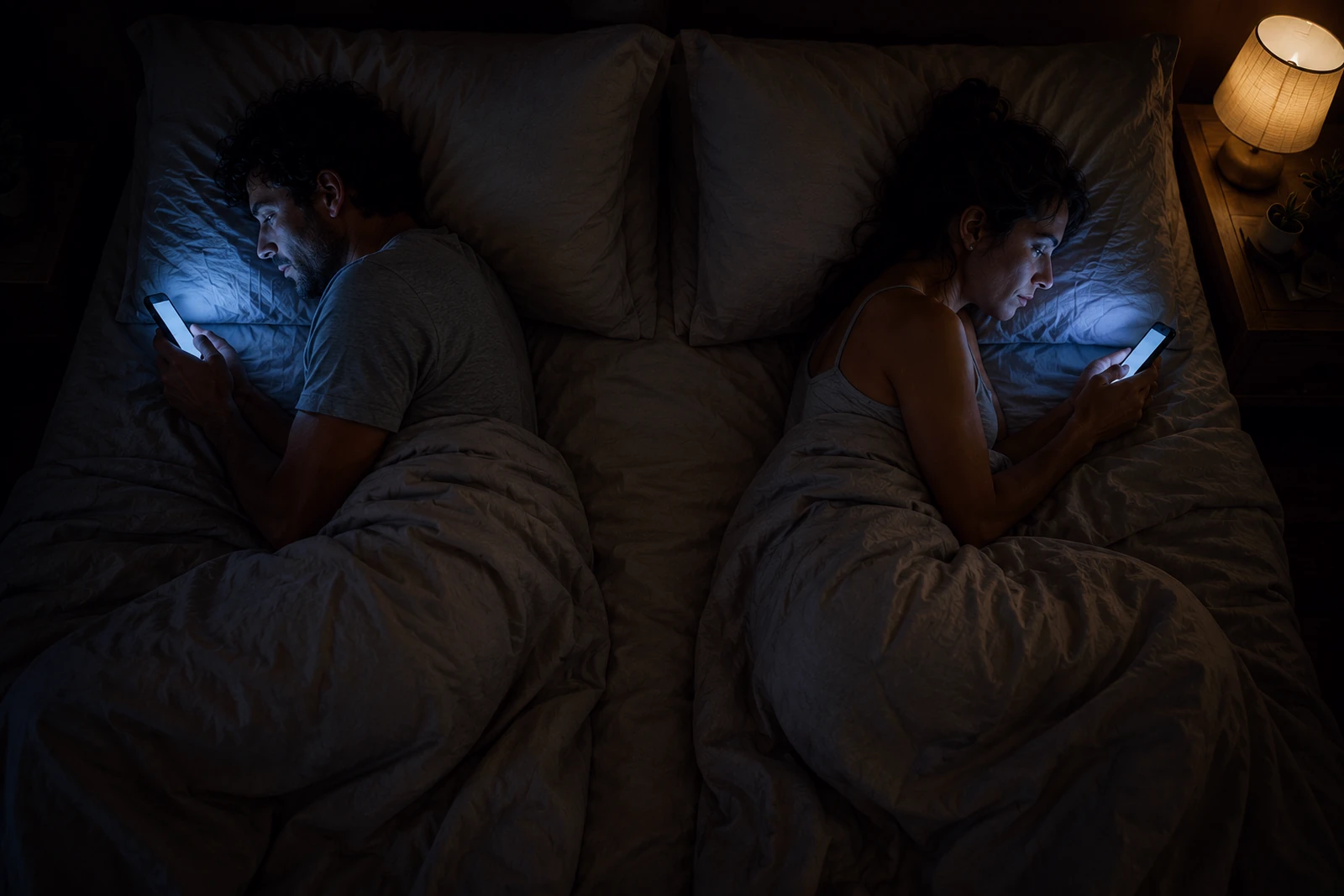 A couple lying back to back in bed at night, each scrolling on a phone, a gap of mattress between them