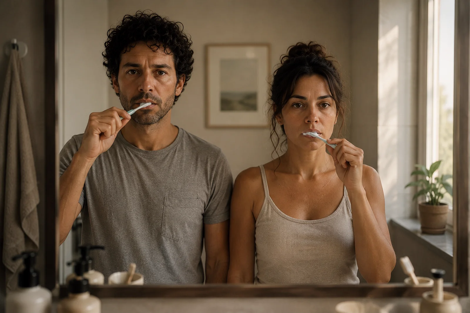 A couple brushing their teeth side by side at a bathroom mirror, both staring straight ahead, not at each other