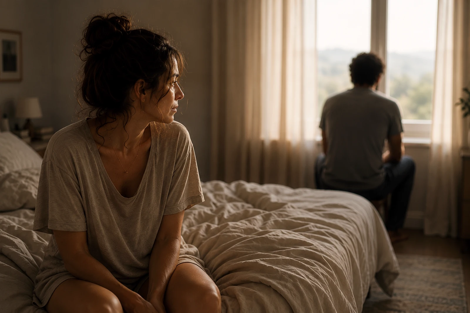 A woman sitting on the edge of an unmade bed, looking across the room toward her partner, who sits turned away at the window