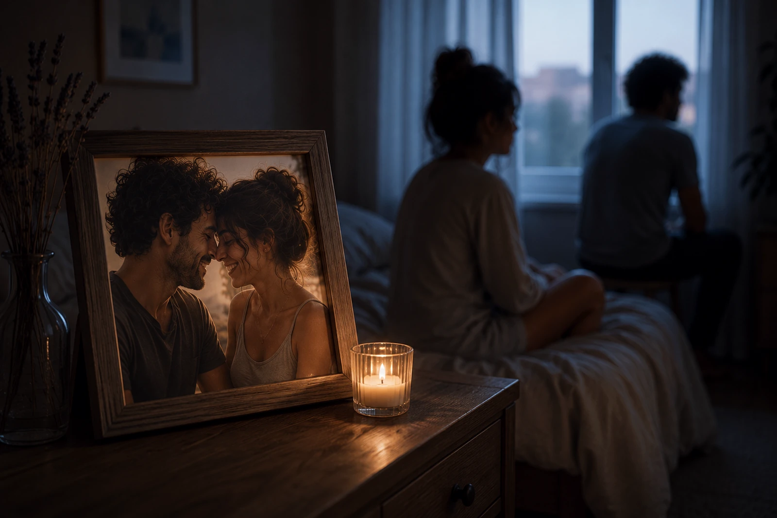 A framed photograph of a couple laughing together, lit by a candle, with the same couple sitting apart and turned away in the background