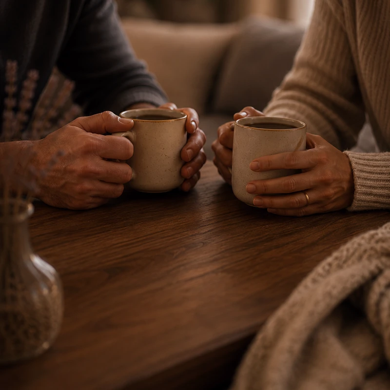 Two people's hands wrapped around warm mugs on a wooden table