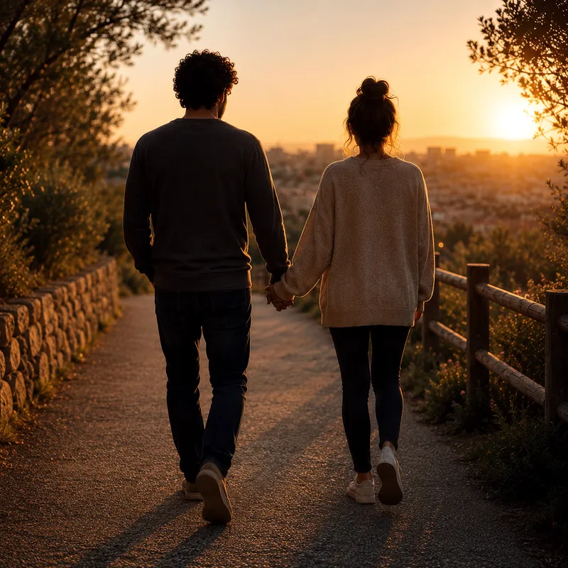 A couple walking away down a sunlit path, hands linked