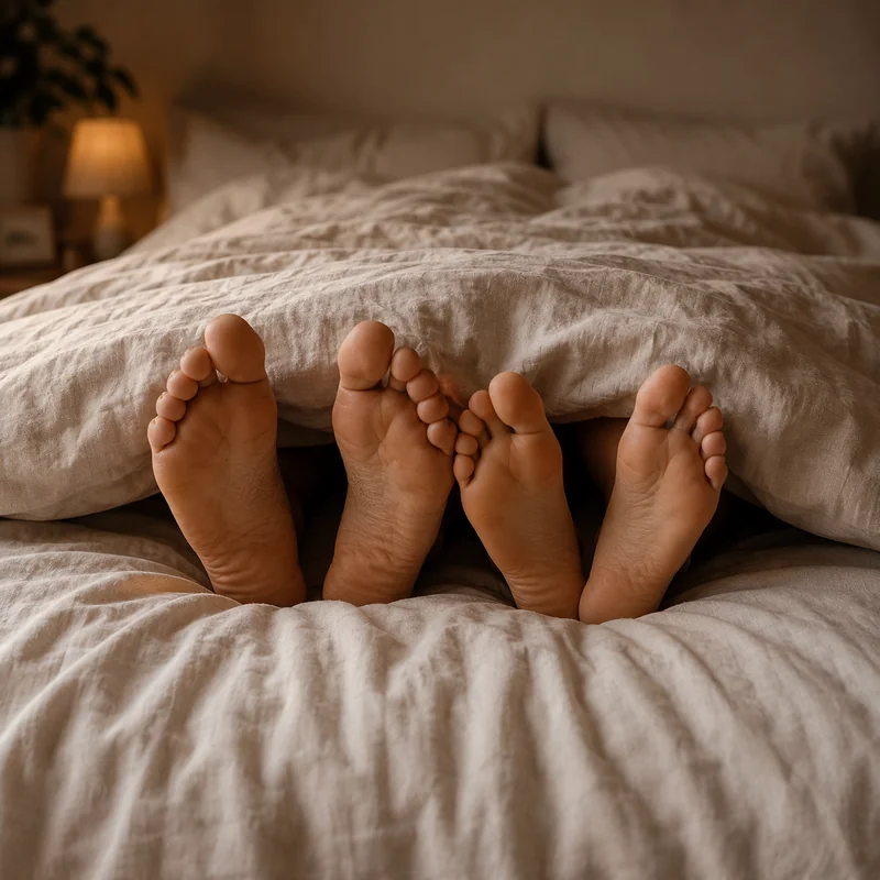 Two pairs of feet tangled together at the end of a bed