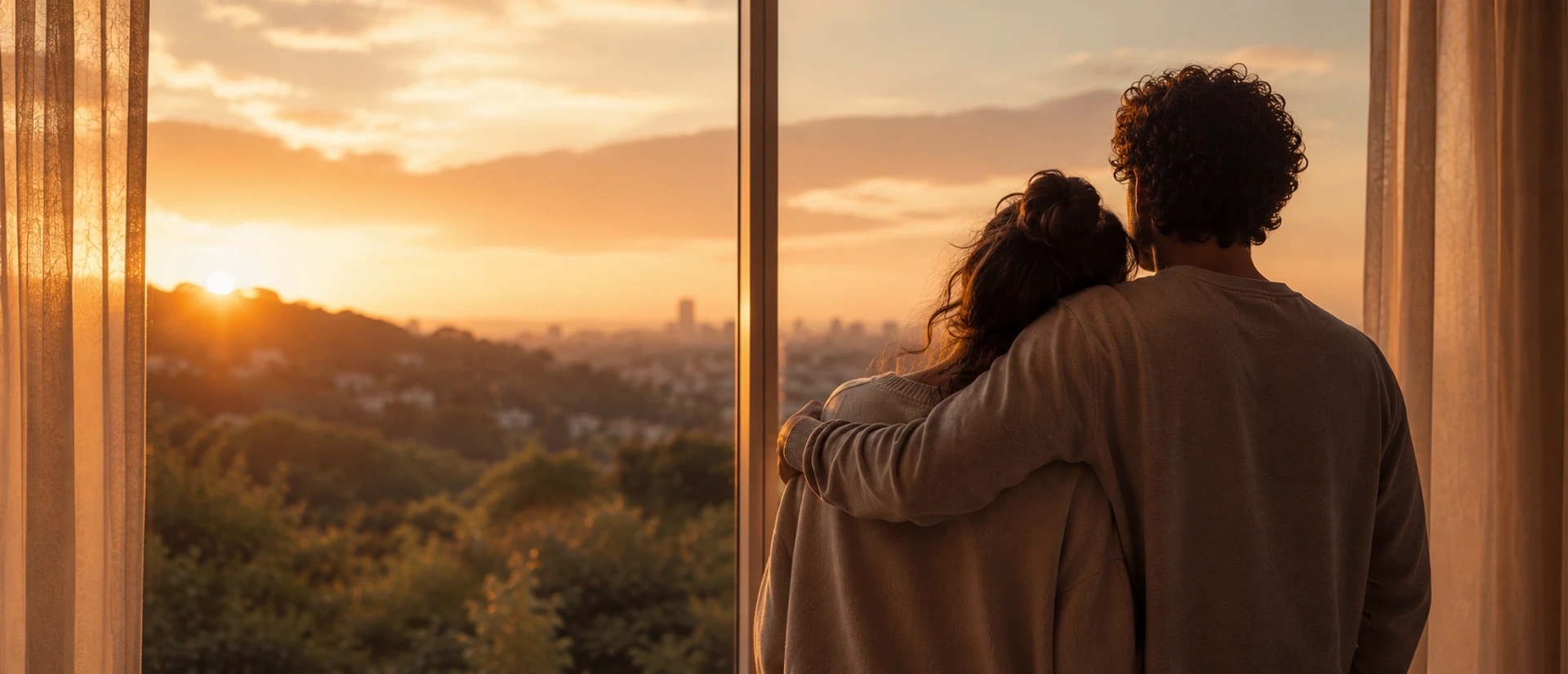 A couple standing close at a window at sunset, his arm around her, both looking out